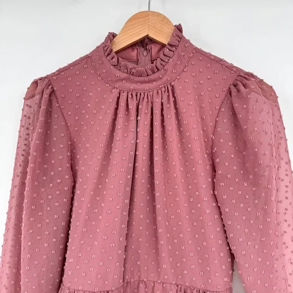 Trixxi Mauve Swiss Dot Tiered Mini Dress High Ruffle Neck Long Sleeve Women's M - Picture 2 of 13